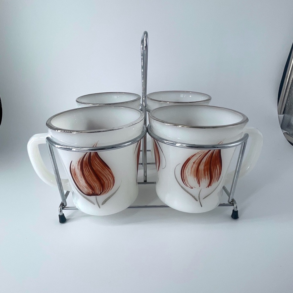 Vintage Anchor Hocking Fire-King Milk Glass Mug Set with Original Chrome Caddy
